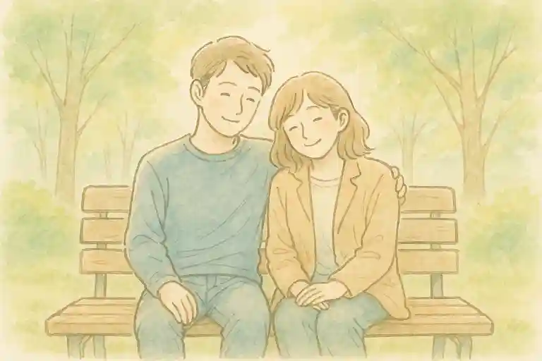 ベンチで寄り添う二人
