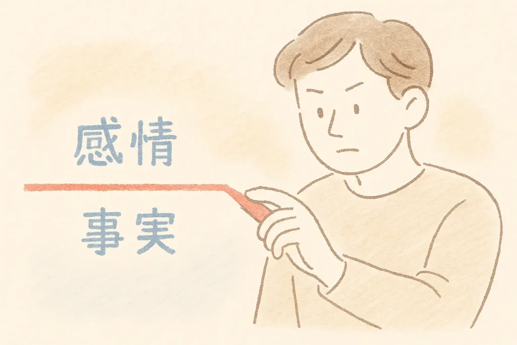 感情(赤)と事実(青)に線を引いて分けているイメージ
